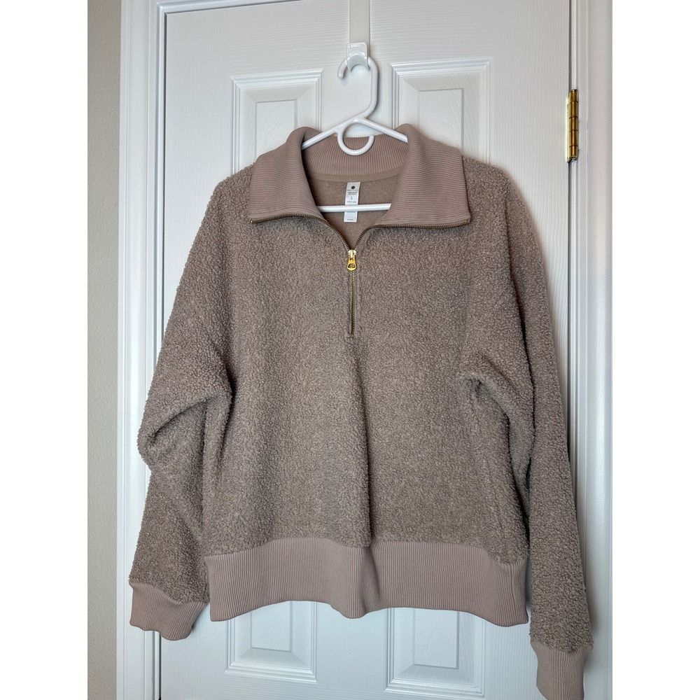 Yogalicious Sherpa Fleece Pullover Women L Taupe Half Zip Oversized Cozy